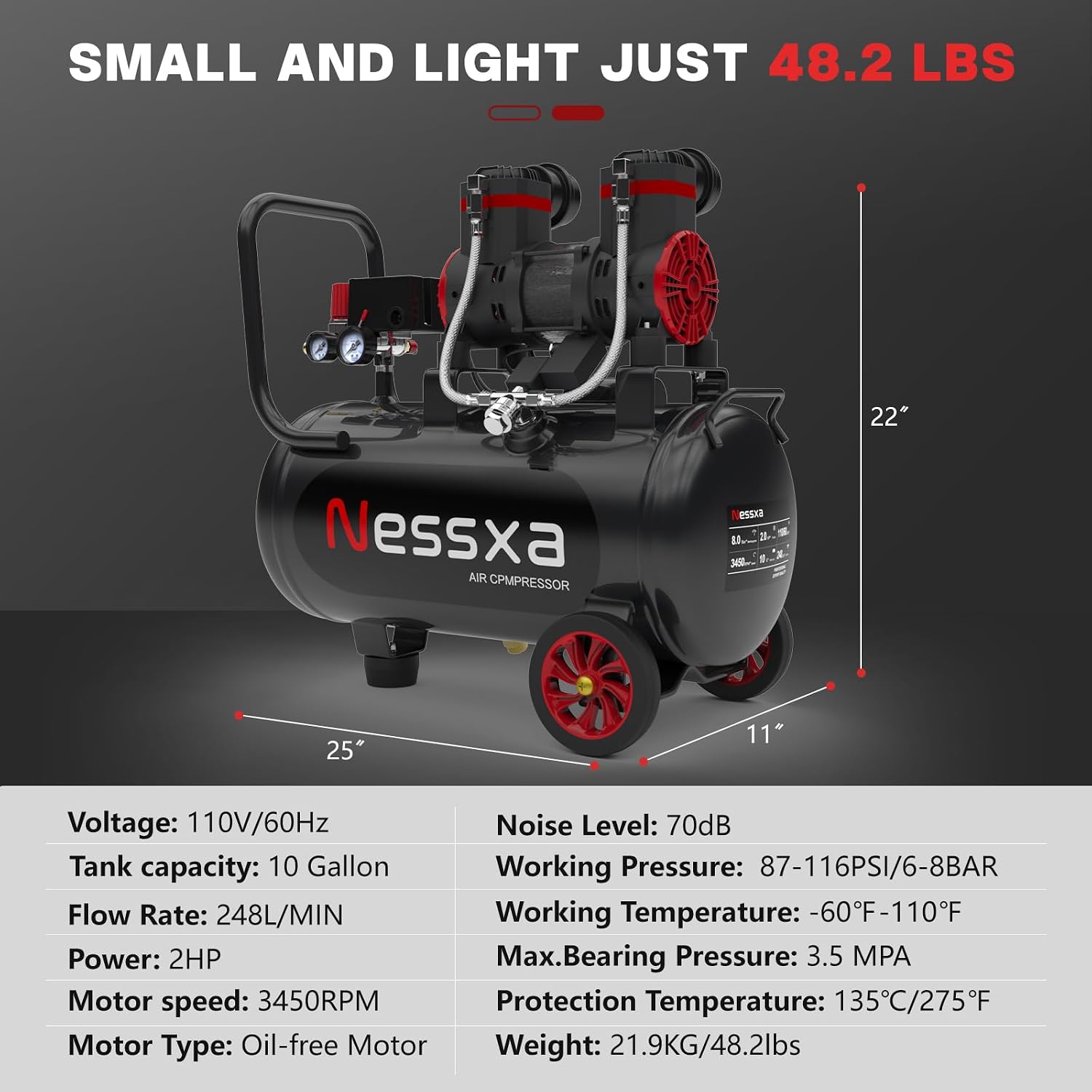 10 Gallon Ultra Quiet Air Compressor, 2HP 3.45 CFM@ 115PSI Oil-Free Air Compressor Tank, 110V/60hz, 70dB Air Compressor for Car Repair, Spray Painting, Woodwork Nailing