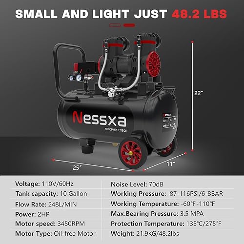 Miniatura 7 de Compresor de aire ultra silencioso de 10 galones, 2HP 3.45 CFM@115PSI tanque de compresor de aire sin aceite, 110V/60Hz, compresor de aire de 70dB
