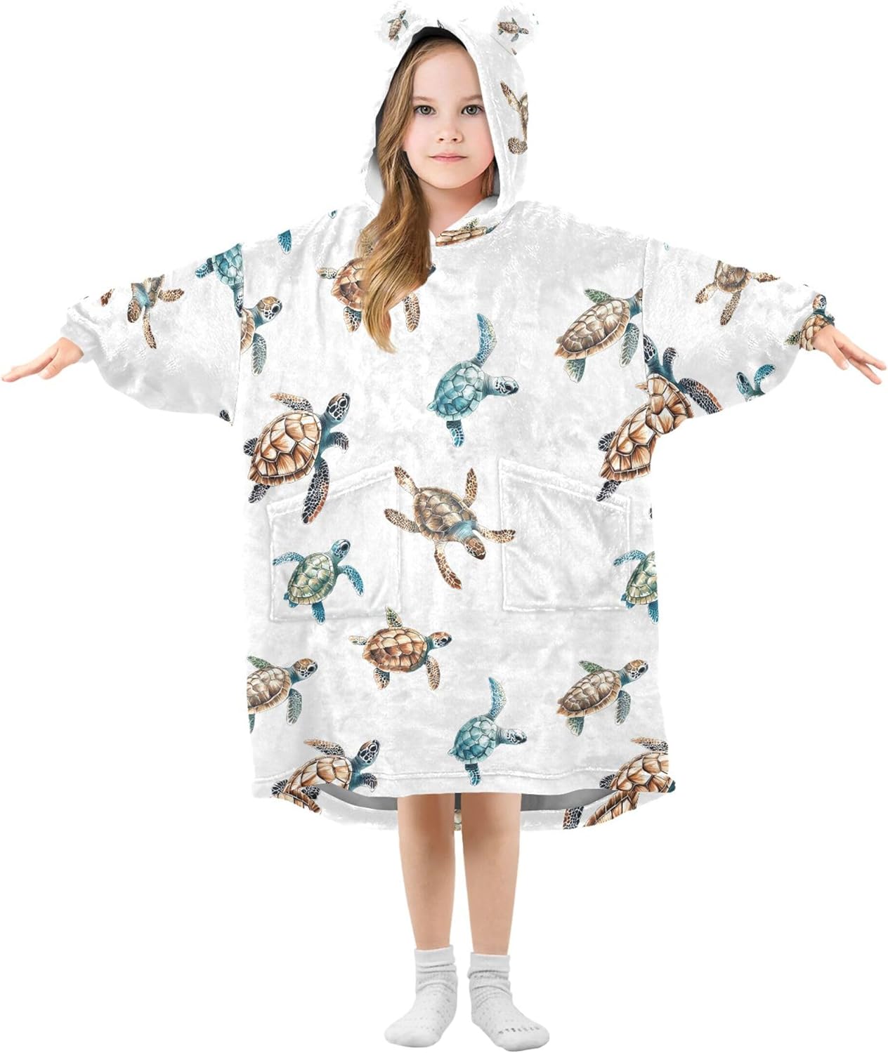 Sea Turtle Tortoise Animal Kids Wearable Blanket Hoodie and Sleeves for Toddlers, Cute Hoodies Girls B0403832