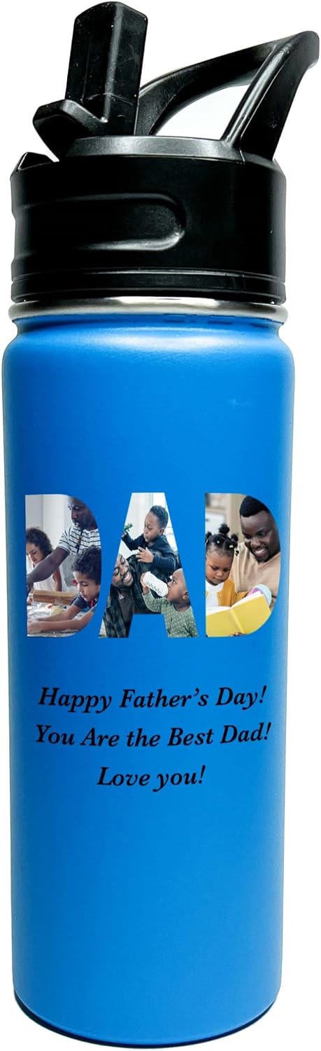 Personalized Stainless Steel Sports Hydro Water Bottle, with Vacuum-insulated, 18 or 32 ounce Size Choice, Keeps Liquids Pipping Hot or Icy Cold! (Straw or Mouthtop) Photos in DAD Letters and Name.