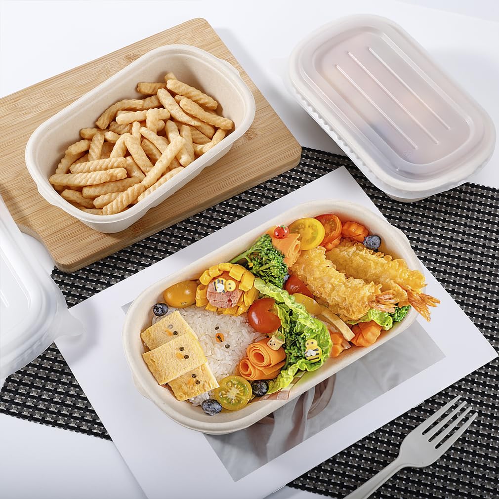 Lot de 50 bols en papier kraft avec couvercle - 700 ml - Bols en carton marron à emporter - Boîte en papier kraft réutilisable - Pour les repas à emporter, le travail, les voyages