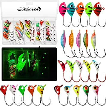 Dovesun Ice Fishing Jigs Ice Fishing Lures Jig Heads Walleye Fishing Lures Crappie Jigs Glow in Dark-Ice Fishing Jigs with Storage Box 38pcs/28pcs/25pcs/17pcs