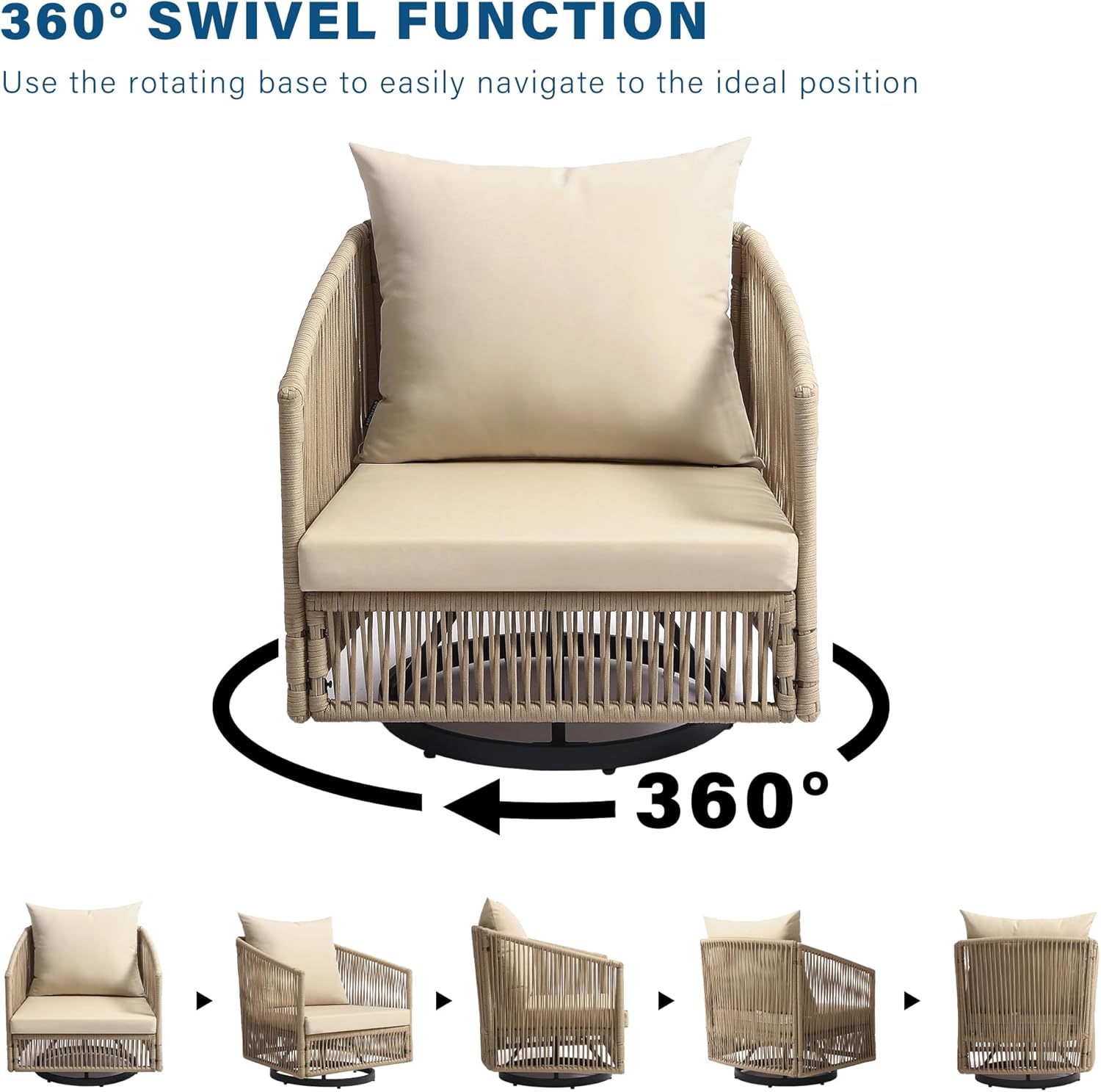 6 Pieces Patio Swivel Chairs Outdoor Bistro Set, PE Wicker Rope Outdoor Furniture Patio Sofa Conversation Sets with Coffee Table & Khaki Cushions