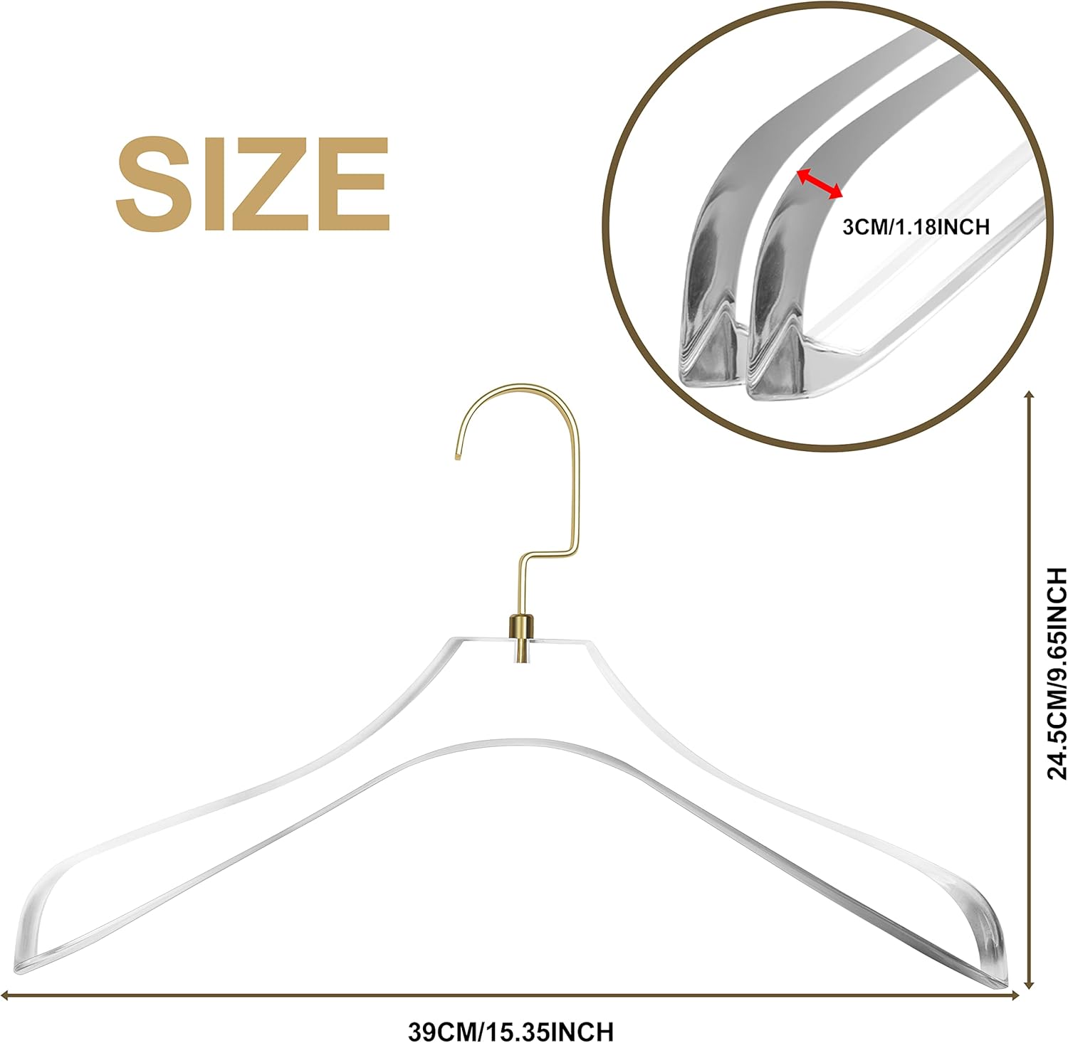 Quality Clear Lucite Acrylic Heavy Duty Coat Suit Hangers – 20 Pack, Curved Stylish Clothes Hanger with Wide Matte Gold Hooks - Coat Hanger for Dress, Suit - Closet Organizer Adult Hangers
