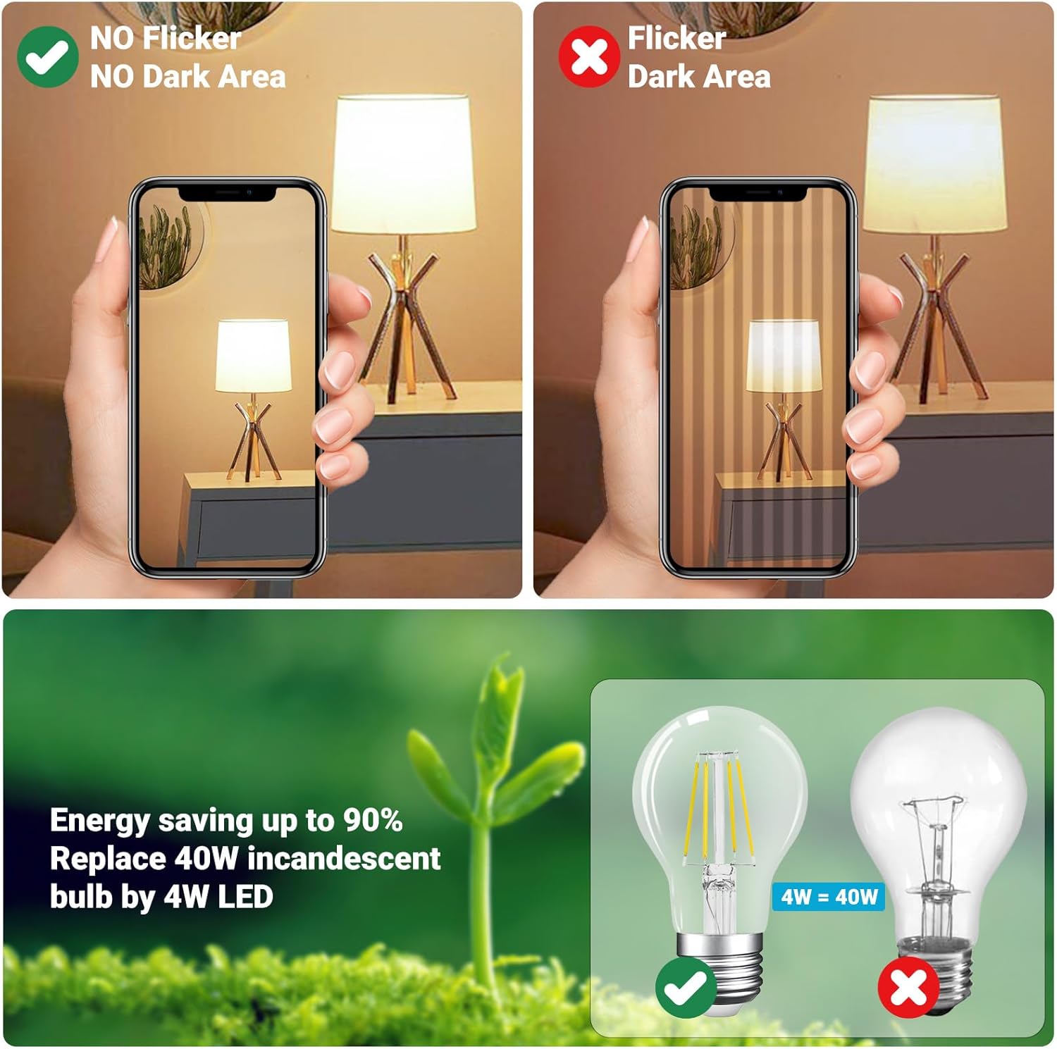 A19 E26 Base Dimmable Edison LED Bulb, 4W(40 Watt Equivalent) Stepless Dimming Light Bulbs 400lm, 4000K Neutral White, Vintage Clear Glass LED Filament Bulb for Home, Wall Sconce, Chandelier, 6 Pack