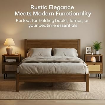 Rattan Nightstand with Drawer, Boho Bedside End Table, Walnut