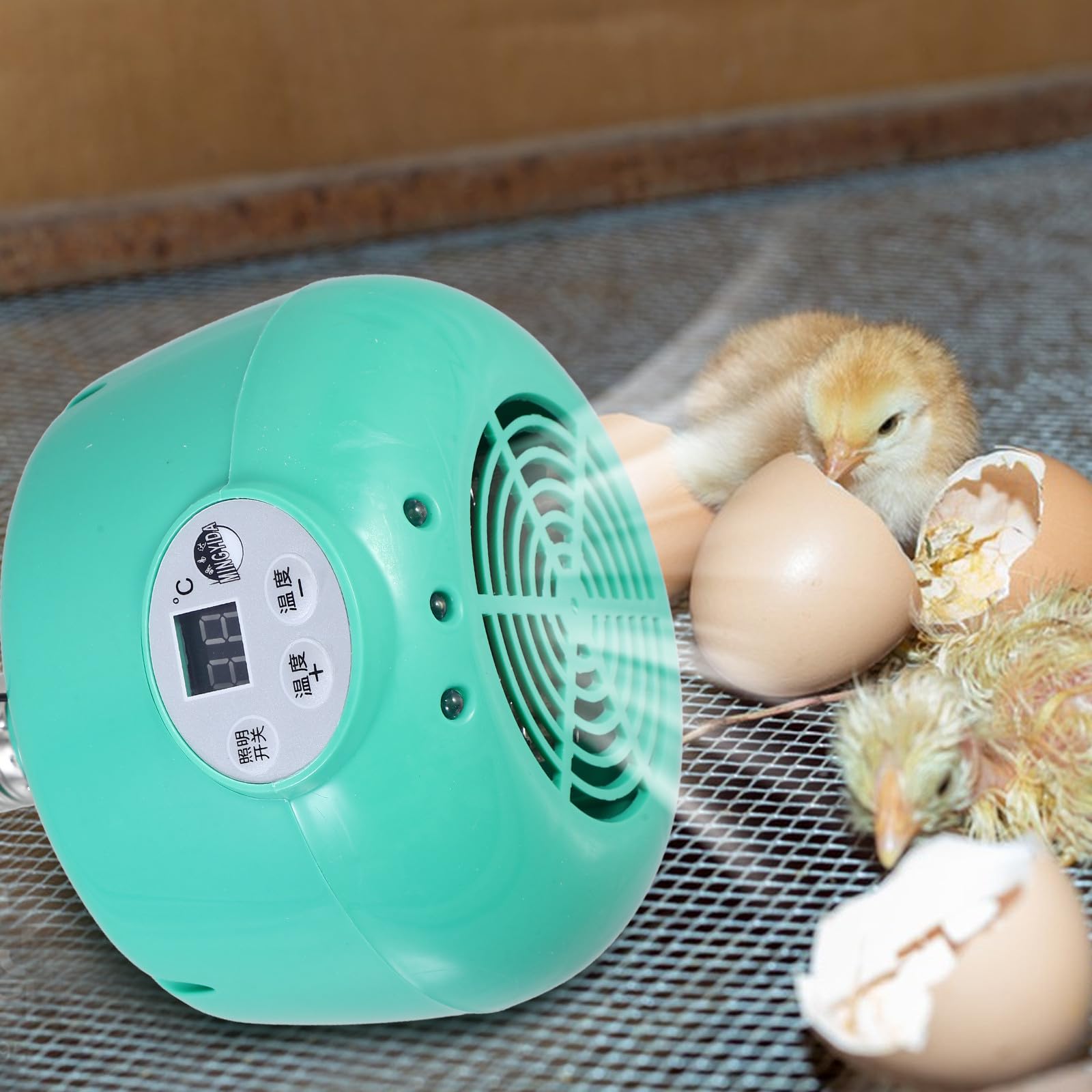 Lámpara de Calor Temperatura Ajustable y LED Cálido Verde | Plástico y Metal, para Hámsters y Aves, Luz Calefactora Ventilador, Uso en Cría