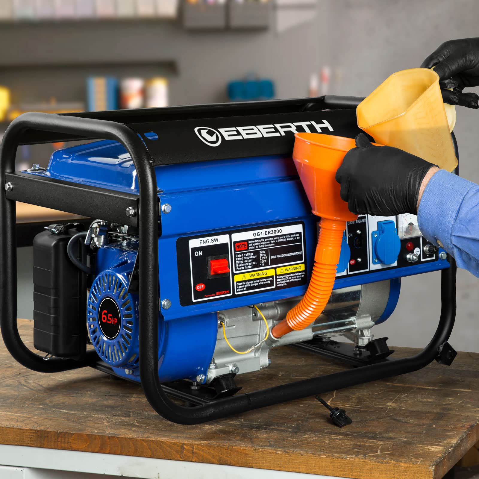 EBERTH Generador Eléctrico de Emergencia de 3000 W con Motor de Gasolina de 6,5 CV, 4 Tiempos, Refrigerado por Aire, 2x 230 V, 1x 12 V, Arranque por Cuerda, Regulador Automático de Voltaje (AVR)