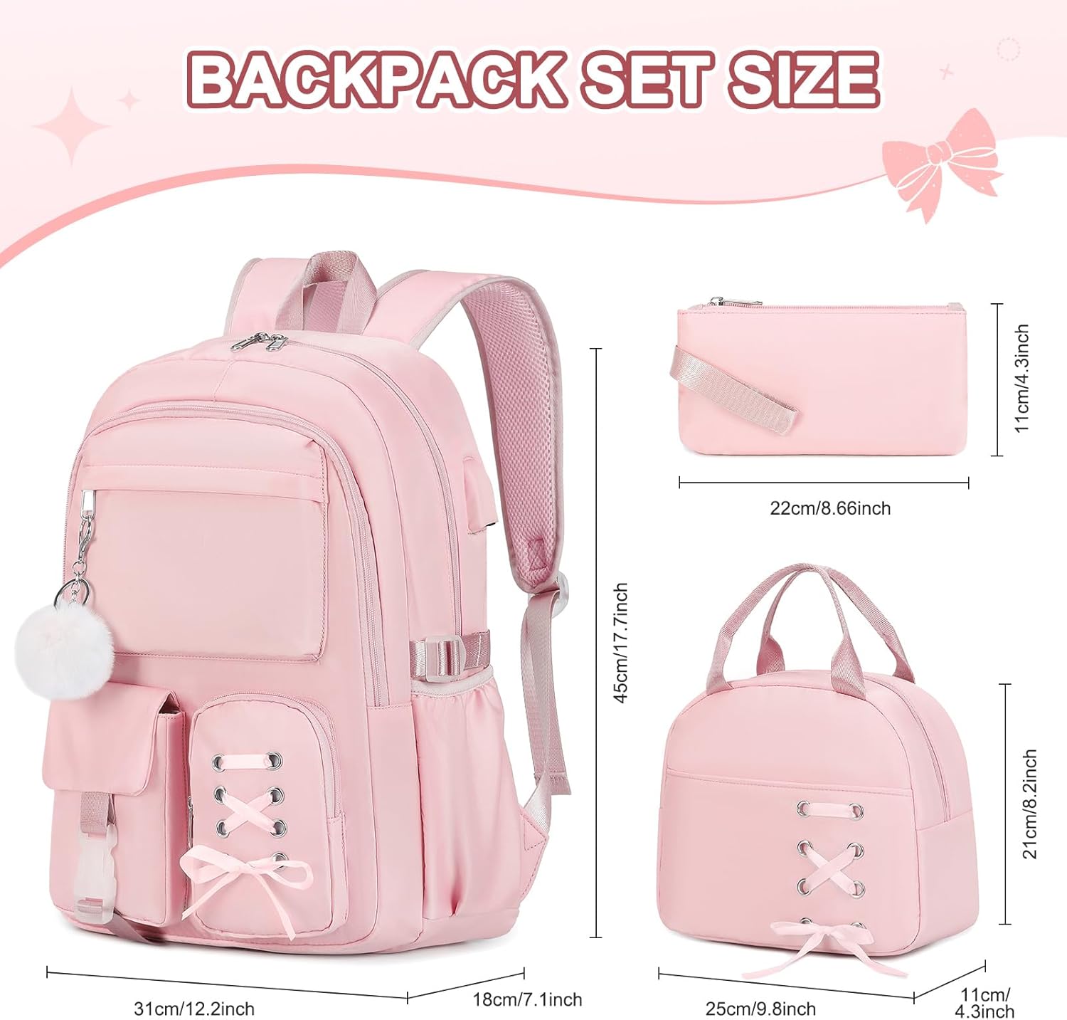 Scothen Backpacks for Girls, Girls Backpack with Lunch Box & Pencil Pouch for Teens Girl Kids Elementary Middle High School College Student Bookbag Daypack Laptop Travel Backpack for Women (Pink)