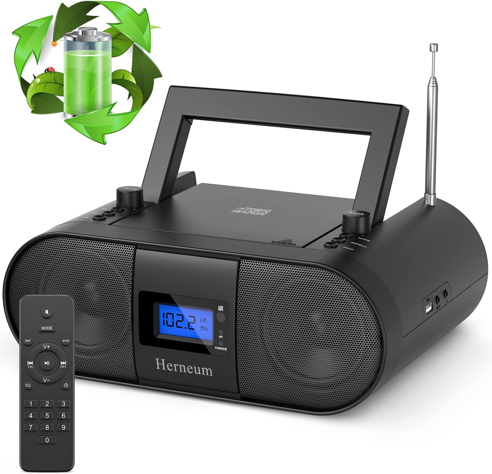 CD Player Portable, FM Radio with Dual Stereo Sound System, Rechargeable Bluetooth Boombox with Remote Control, Support USB & AUX-in, Headphone Output