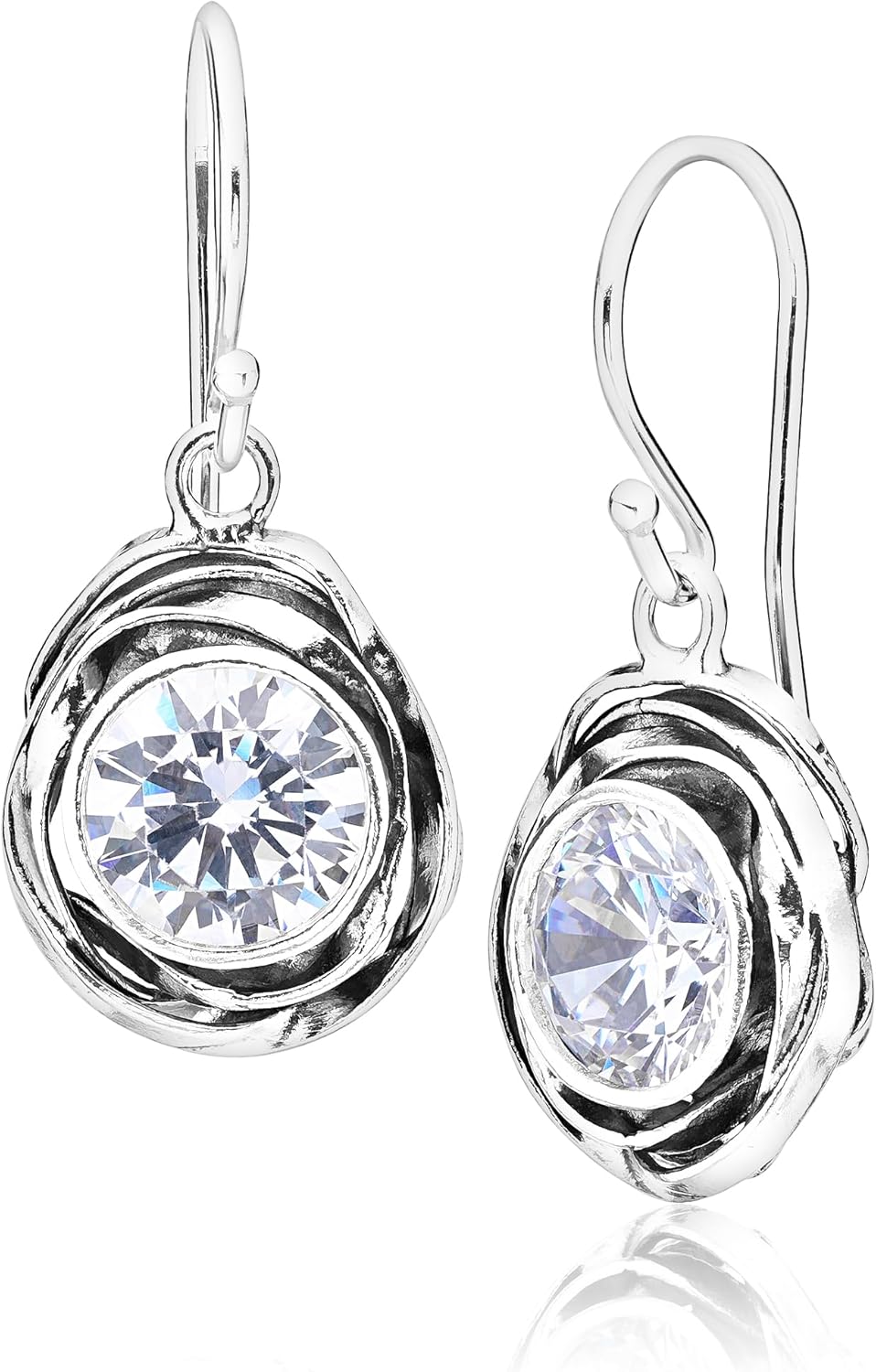 JEAN RACHEL JEWELRY 925 Sterling Silver Dangle Earrings for Women - Wire Wrap with Bezel Set Cubic Zirconia Vintage Design - Hypoallergenic, Lead & Nickel Free - Artisan Handcrafted Statement Earrings