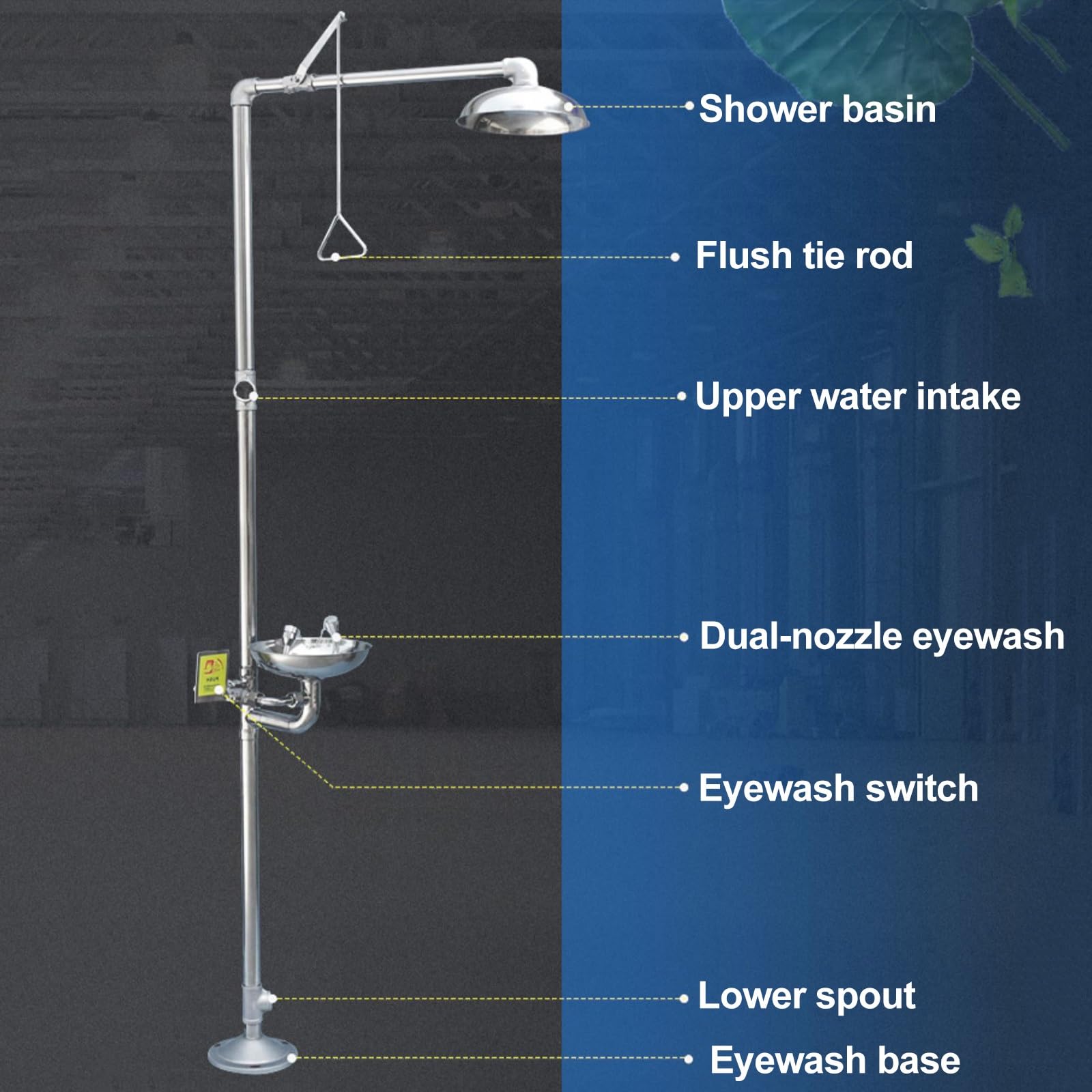 Ensemble combiné de Douche et de Lave-Yeux d'urgence, en Acier Inoxydable 304, pour Laboratoire/Usine en extérieur (argenté)