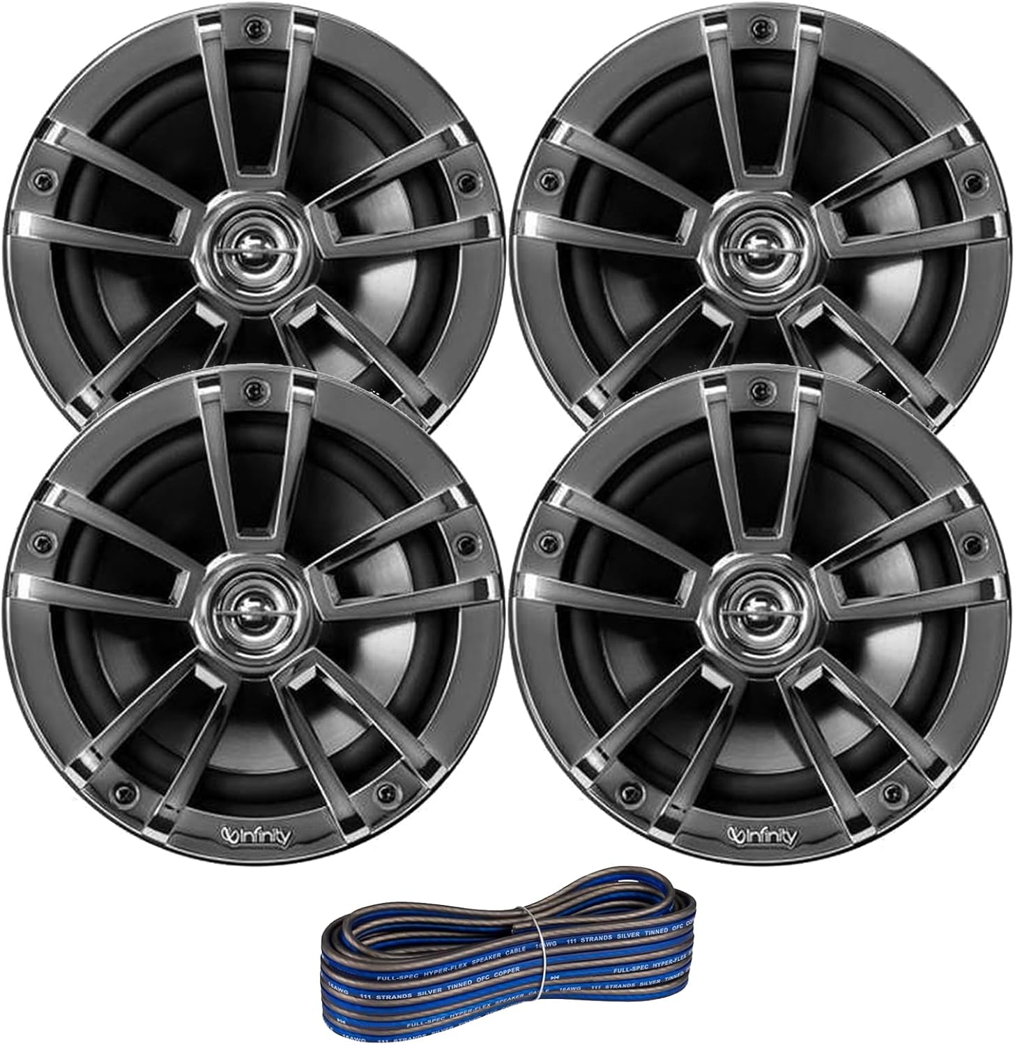 2 Pair (Qty 4) of Infinity Reference 6.5" 225 Watt Peak Power Waterproof Marine Speakers (White) with Enrock 50 ft 16-Gauge Speaker Wire - OEM Replacement