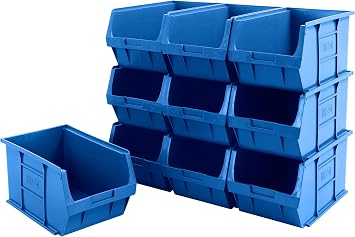 BiGDUG Plastic Parts Bins - Stackable or Wall Mounted Storage Boxes Garage Organiser - Pack of 10 - 175H x 200W x 355D mm - Blue