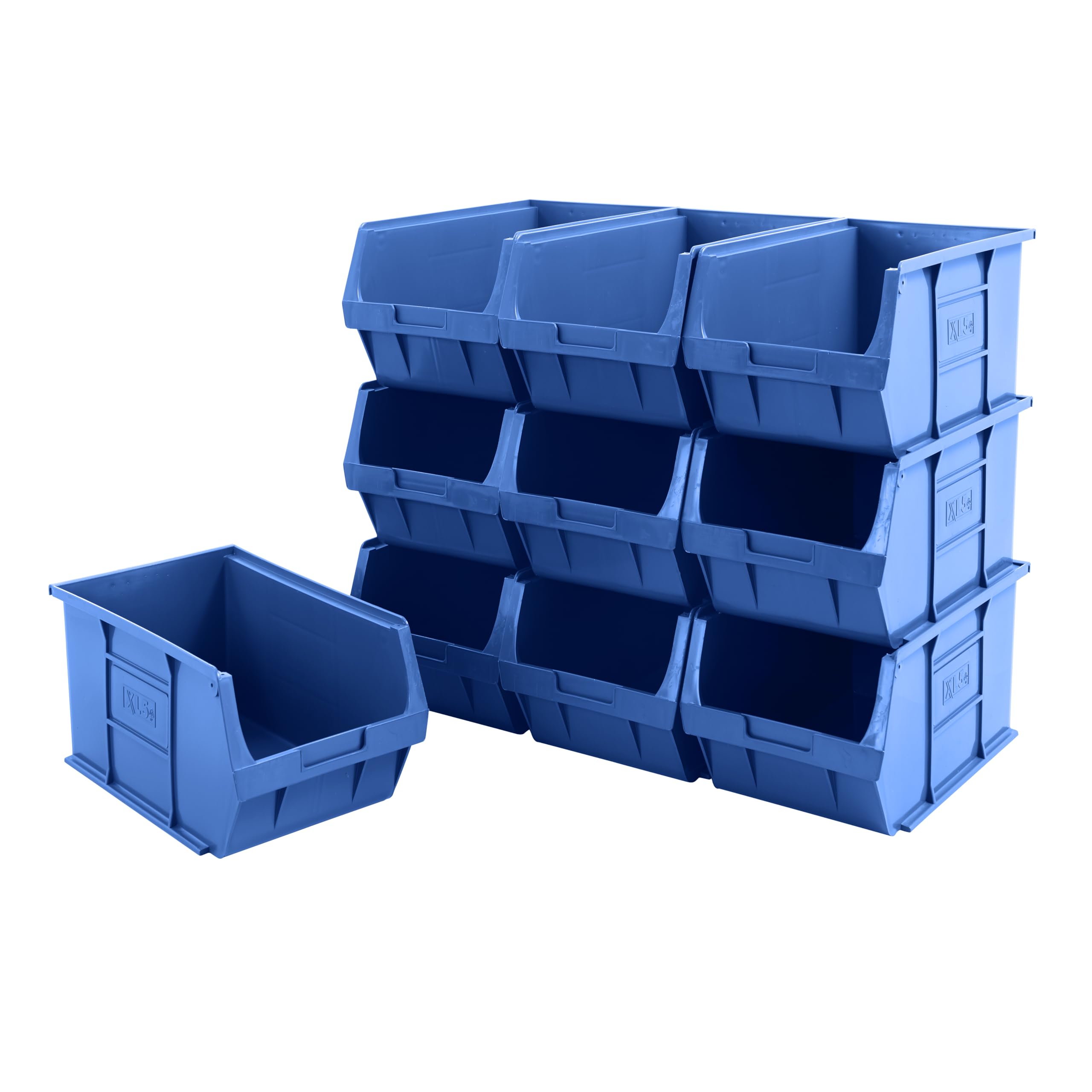 Bigdug Blue Plastic Parts Bins - Stackable Or Wall Mounted Storage Boxes Garage Organiser - Pack Of 10 - 175H X 200W X 355D Mm