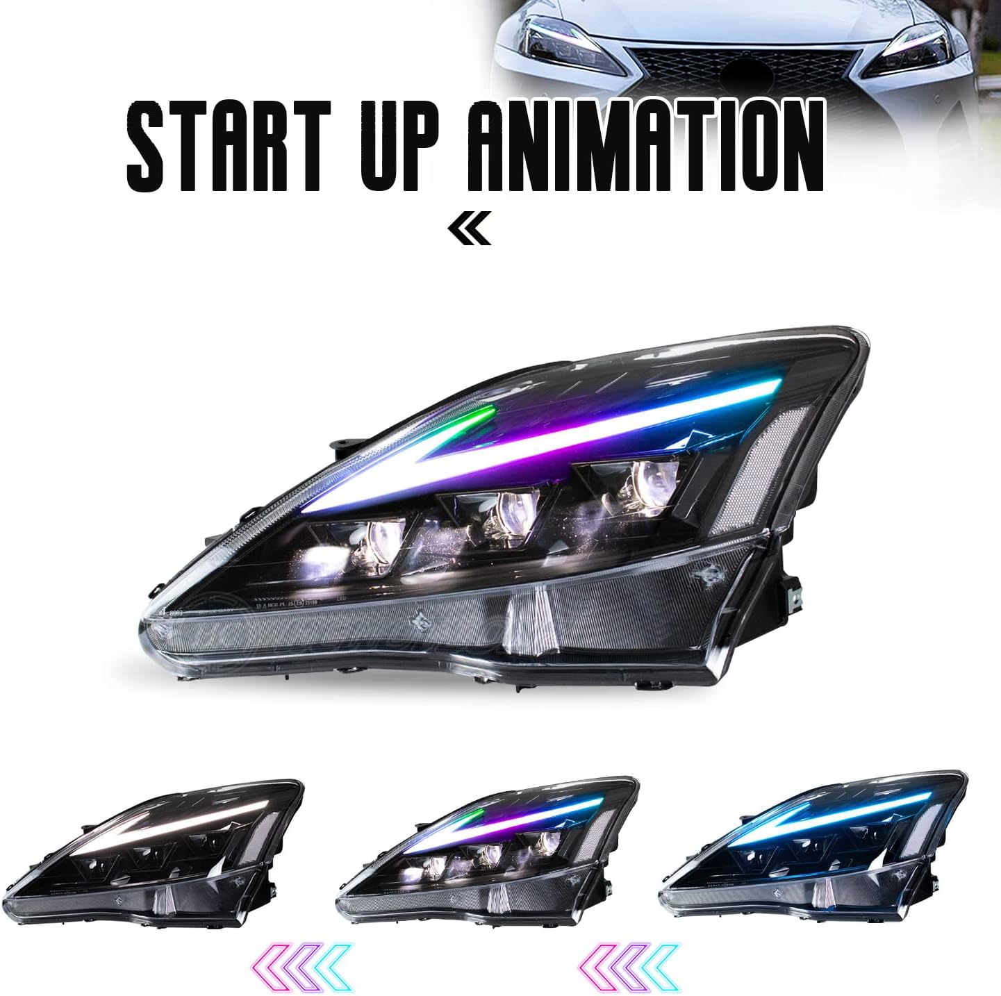 HCMOTIONZ Headlights Compatible with Lexus IS250/ IS250C IS350 IS350C IS220d 2006-2012, ISF 2008-2014 With DRL Start UP Animation LED Lamp