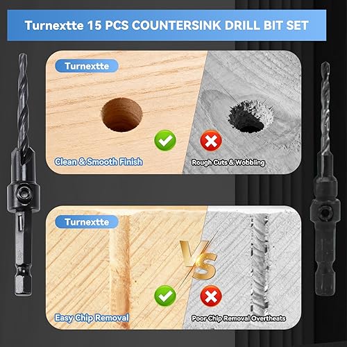 Miniatura 4 de Juego de 15 brocas avellanadas de acero cobalto M35, diseño anti-tambaleo, brocas cónicas de 82 con anillos de tope de profundidad y cortadores de