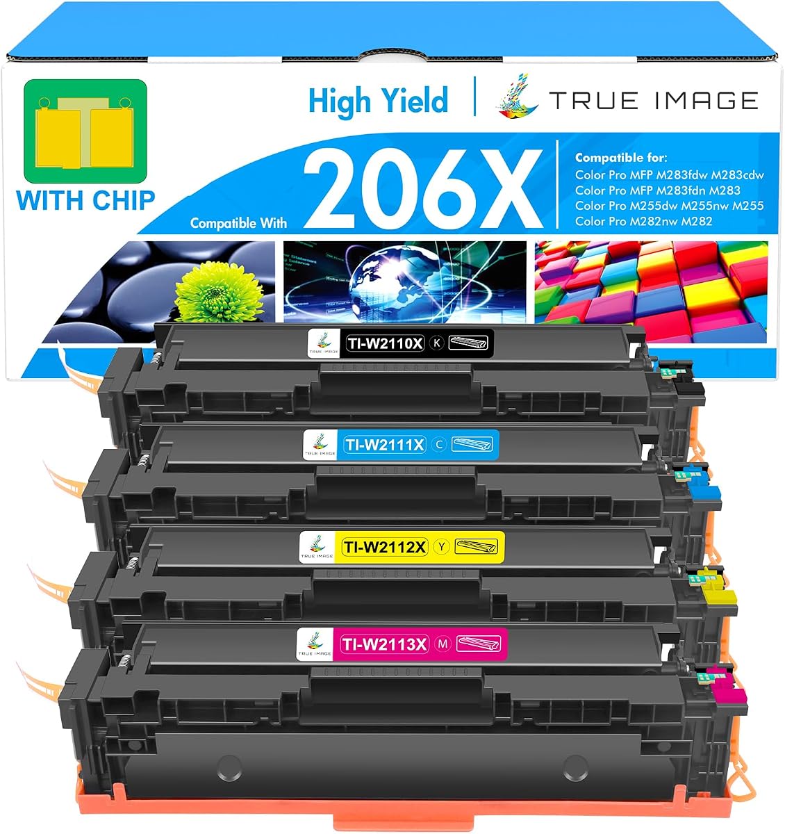 206X Toner Cartridges 4 Pack High Yield for HP 206A M283fdw M283cdw M255dw | Compatible for HP 206X 206 for HP Color LaserJet Pro MFP M283fdn M255nw M282nw M283 W2110X Printer Ink (with Chip -B/C/Y/M)