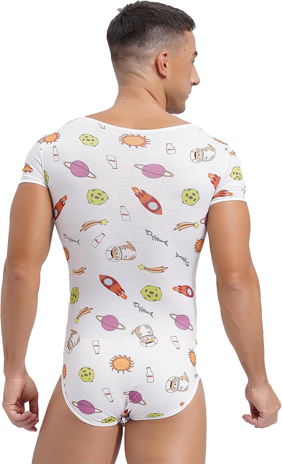 Men's Cute Cartoon Print Sissy Bodysuit Sleepwear Short Sleeve Buttoned Crotch Diaper Rompers
