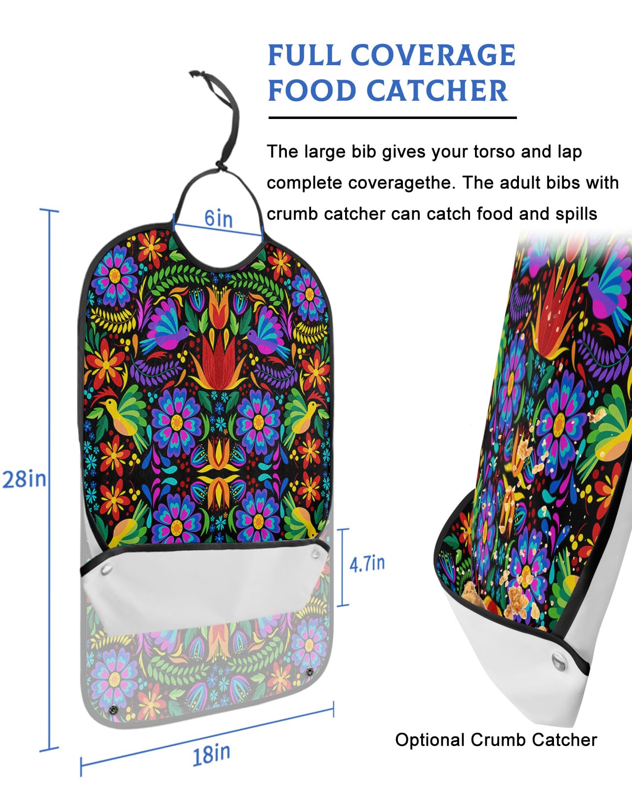 Mexico Flowers Adult Bib for Eating with Crumb Catcher,Washable & Waterproof Terry Cloth Adjustable Elderly Women Men Adult Bibs Funny Apron Clothing Protector Colorful Modern Bird Floral Geometric