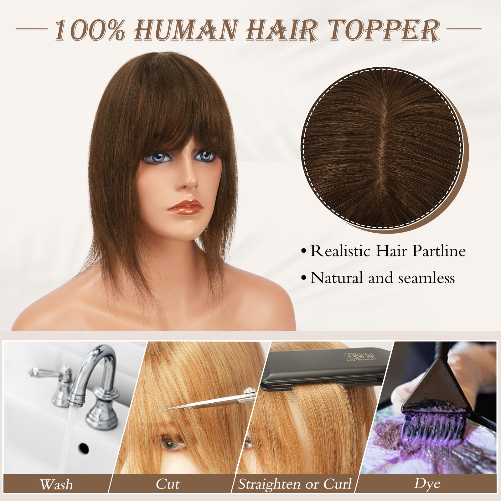 RUWISS Human Hair Topper with Bangs Crown Topper Hair Pieces for Women Short Wiglet Topper for Thinning Hair 7.5 * 13CM Silk Base 100% Real Human Hair Clip in Topper 14Inch 45g(Medium Brown 1) - Image 4