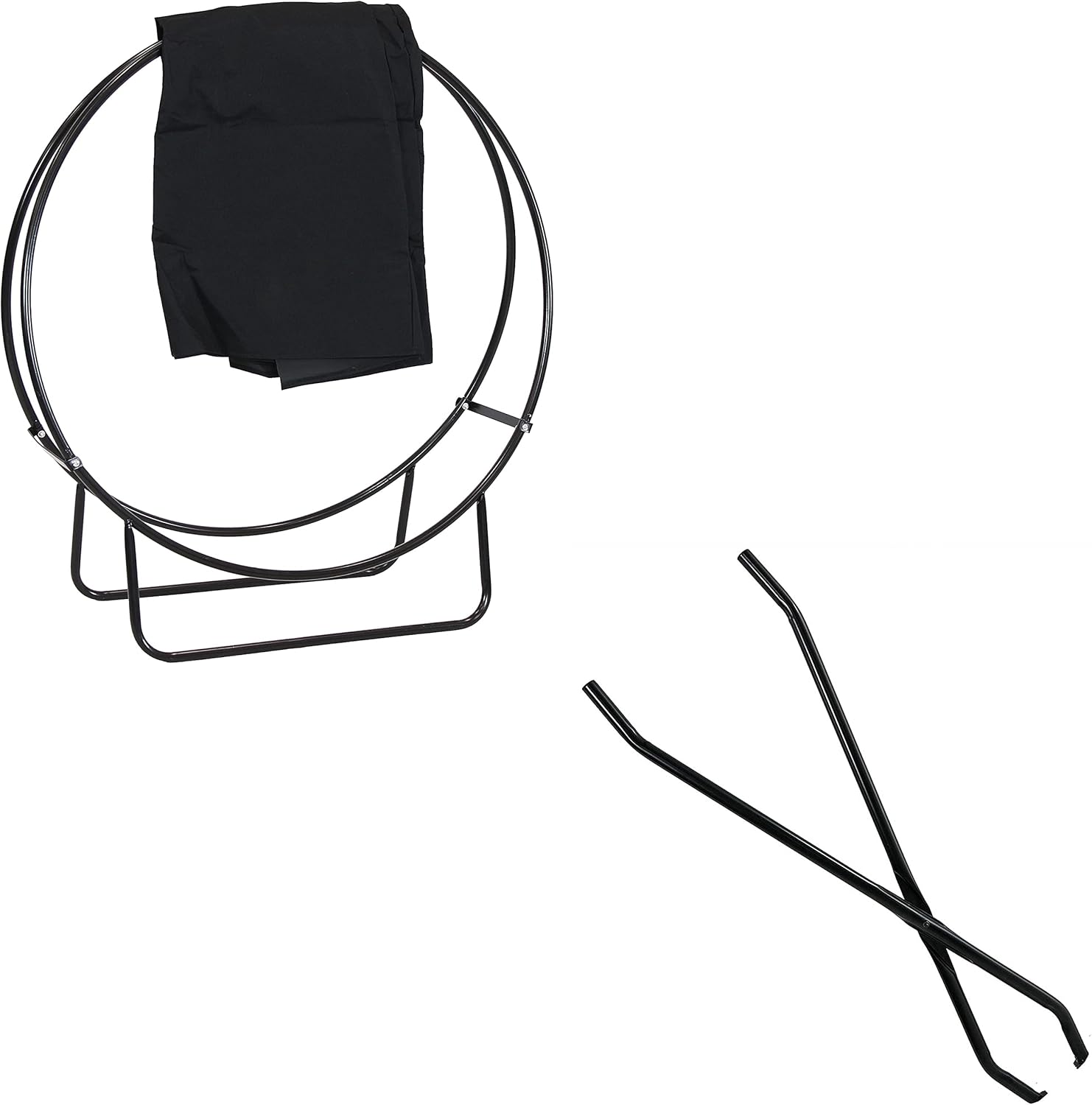 Sunnydaze 40-Inch Powder-Coated Steel Firewood Log Hoop with Black Weather-Resistant Heavy-Duty Protective PVC Cover and 40-Inch Metal Outdoor/Indoor Log Claw Tongs Bundle