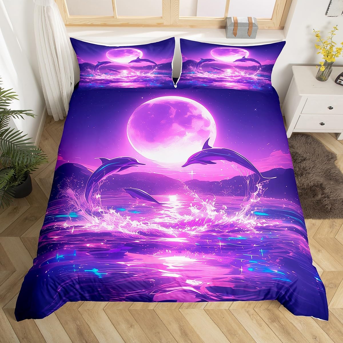 Castle Fairy Dolphin Duvet Cover Queen Size,Purple Moon Comforter Cover with 2 Pillowcase for Teens Adults,Kids Dolphin Jumping Bedding Set,Ocean Breathable 3 Pcs Decorative Bed Cover(No Comforter)