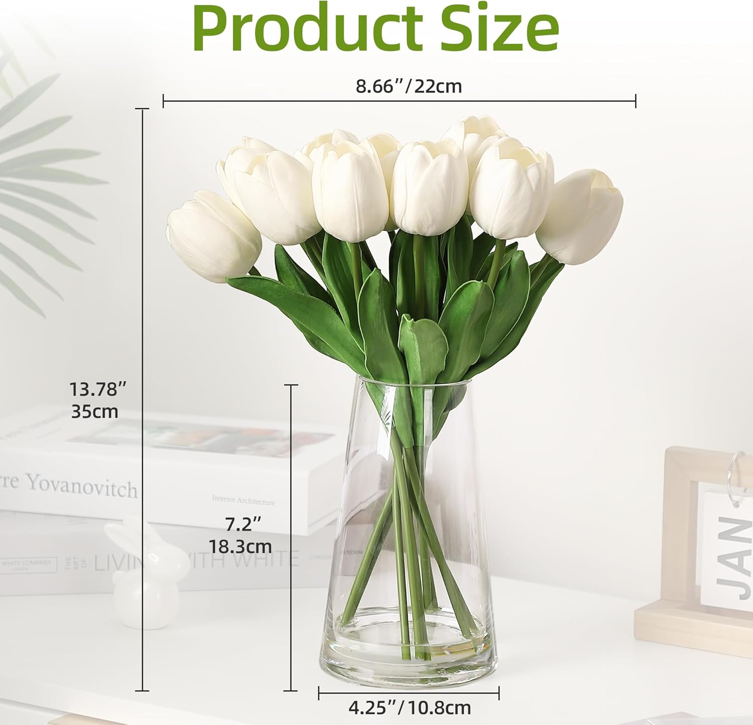 Garvee Artificial Tulips with Vase, Real Touch Silk PU Faux Tulips Bouquet, Lifelike Tulips Artificial Flowers for Table Centerpieces, Wedding Decor, Home Decoration, White