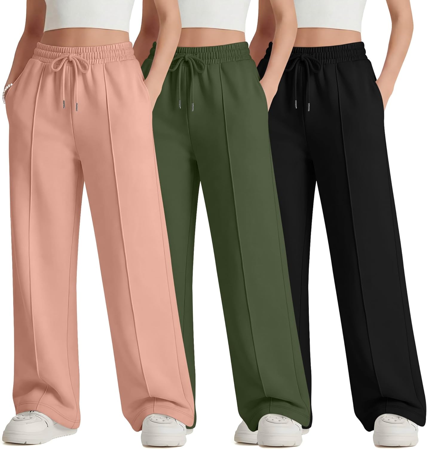 3 Pack Girls Wide Leg Sweatpants Drawstring Baggy Pants Teen Girls Athletic Joggers Pants with Pockets 5-14Y