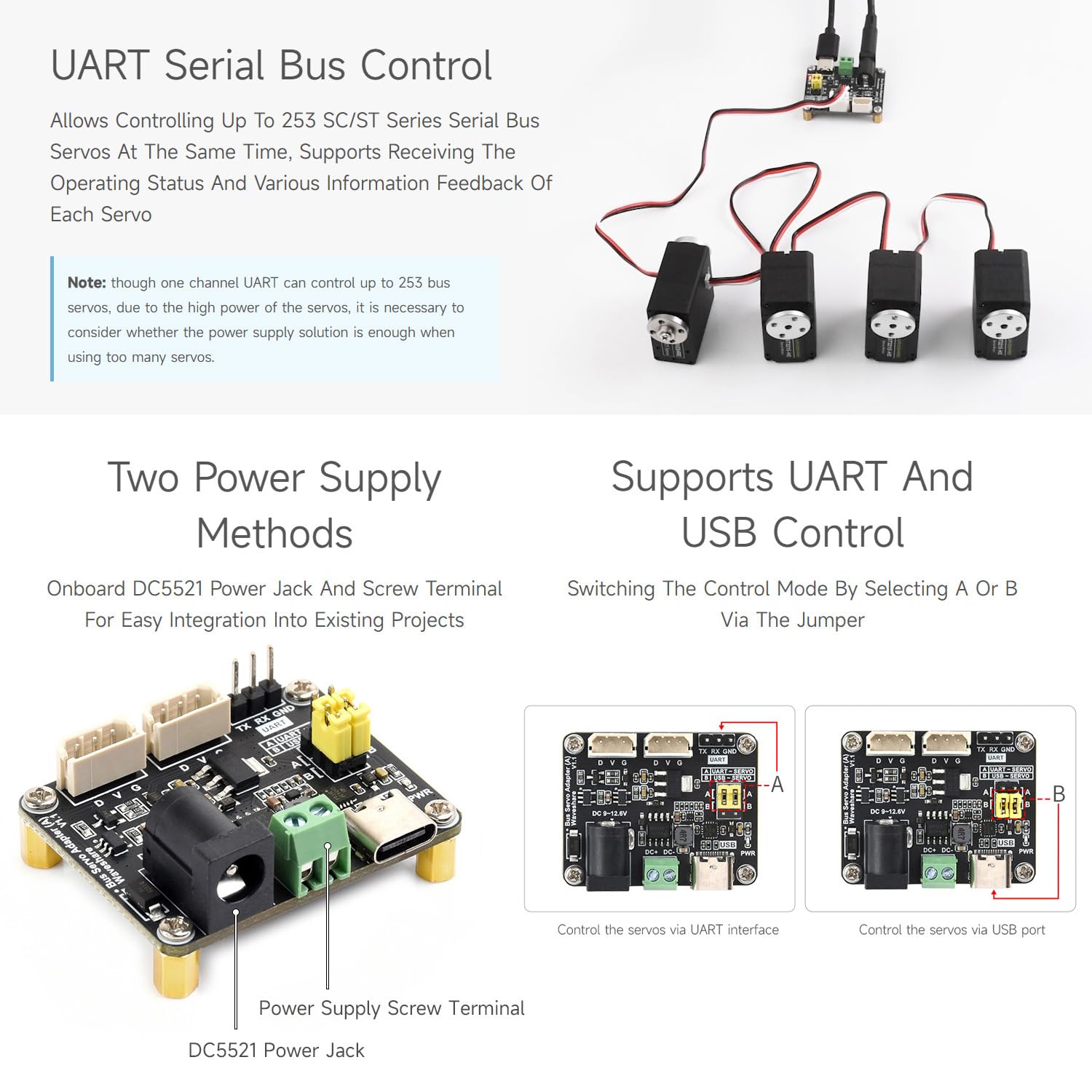 Waveshare 2PCS Serial Bus Servo Driver Board, Integrates Servo Power Supply & Control Circuit, Applicable for St/SC Series Serial Bus Servos, Small Size, Easy to Integrate