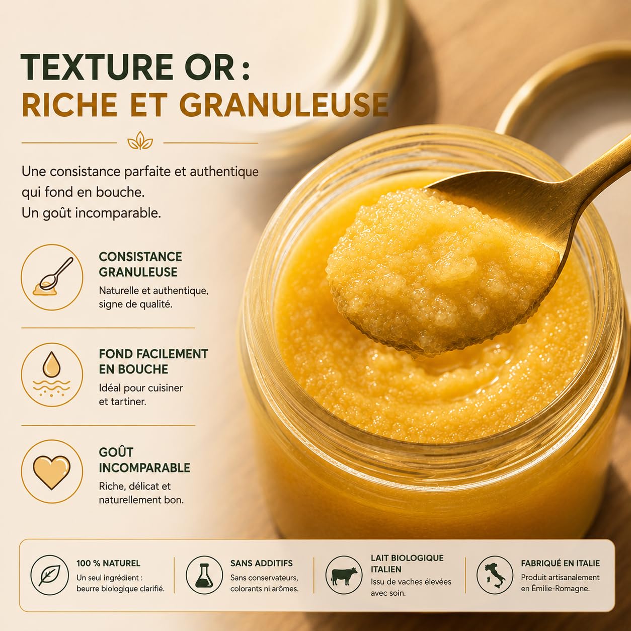 Cibo Ghee Bio 500g - Lait de Parme et Reggio Emilia - Fabriqué en Italie - Vaches de Pâturage - Point de Fumée 250°C - Issu de Crème Centrifugée