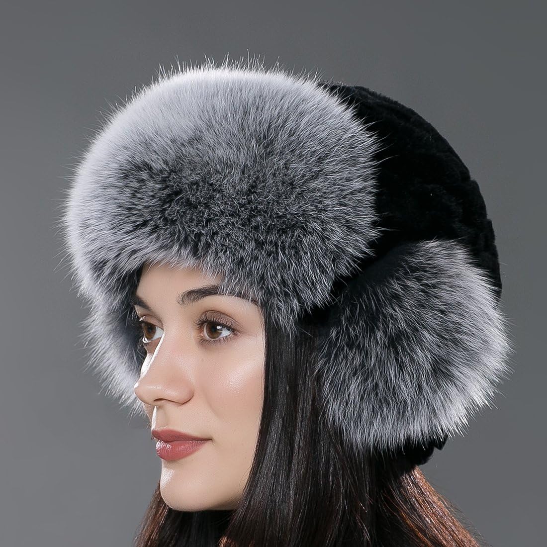 URSFUR Women Russian Rex Rabbit Fur Trapper Hat with Silver Fox Fur Trim