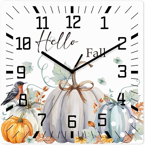 Debedcor Thanksgiving Pumpkin Wooden Wall Clock Silent Non Ticking, Autumn Leaf Fall Harvest Square Wall Clock Battery Operated, Decor Clock for