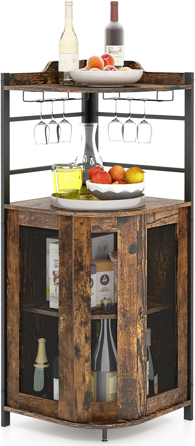 Giantex Corner Buffet Cabinet, Industrial Wine Bar Cabinet w/Glass Holder, Metal Mesh Doors & Adjustable Shelf, Liquor Buffet Cabinet Sideboard for Kitchen Dining Room Bistro (Rustic Brown)