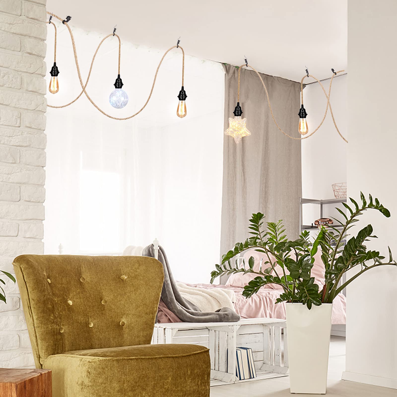 GreenSun Oprawa i lampa E27 z kablem, przełącznik, kabel tekstylny 10 m, 2-żyłowy, przewód elektryczny z zawieszeniem E27/E26