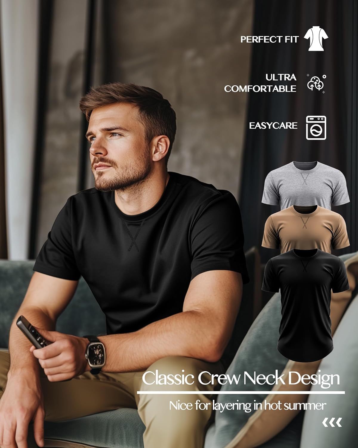 Neer 3 Pack Men's Big and Tall T-Shirts Cotton Short Sleeve Crewneck Plus Size Tee Shirts Hipster Longline Tops(Brown, Light Grey, Black,X-Large)