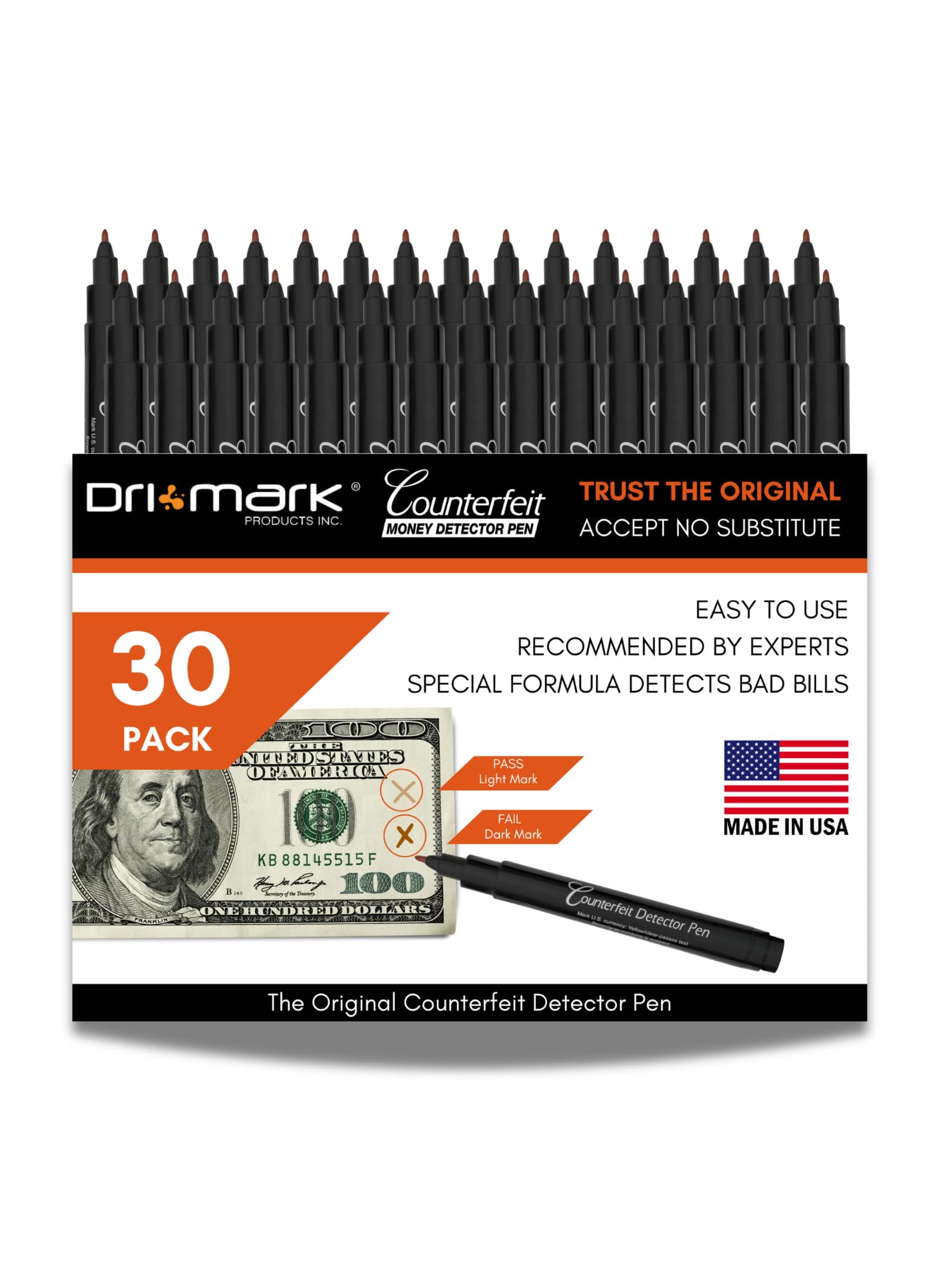 Dri Mark 30 Pack Counterfeit Bill Detector Marker Pen, Made in The USA, 3 Times More Ink, Pocket Size, Fake Money Checker - Money Loss Prevention