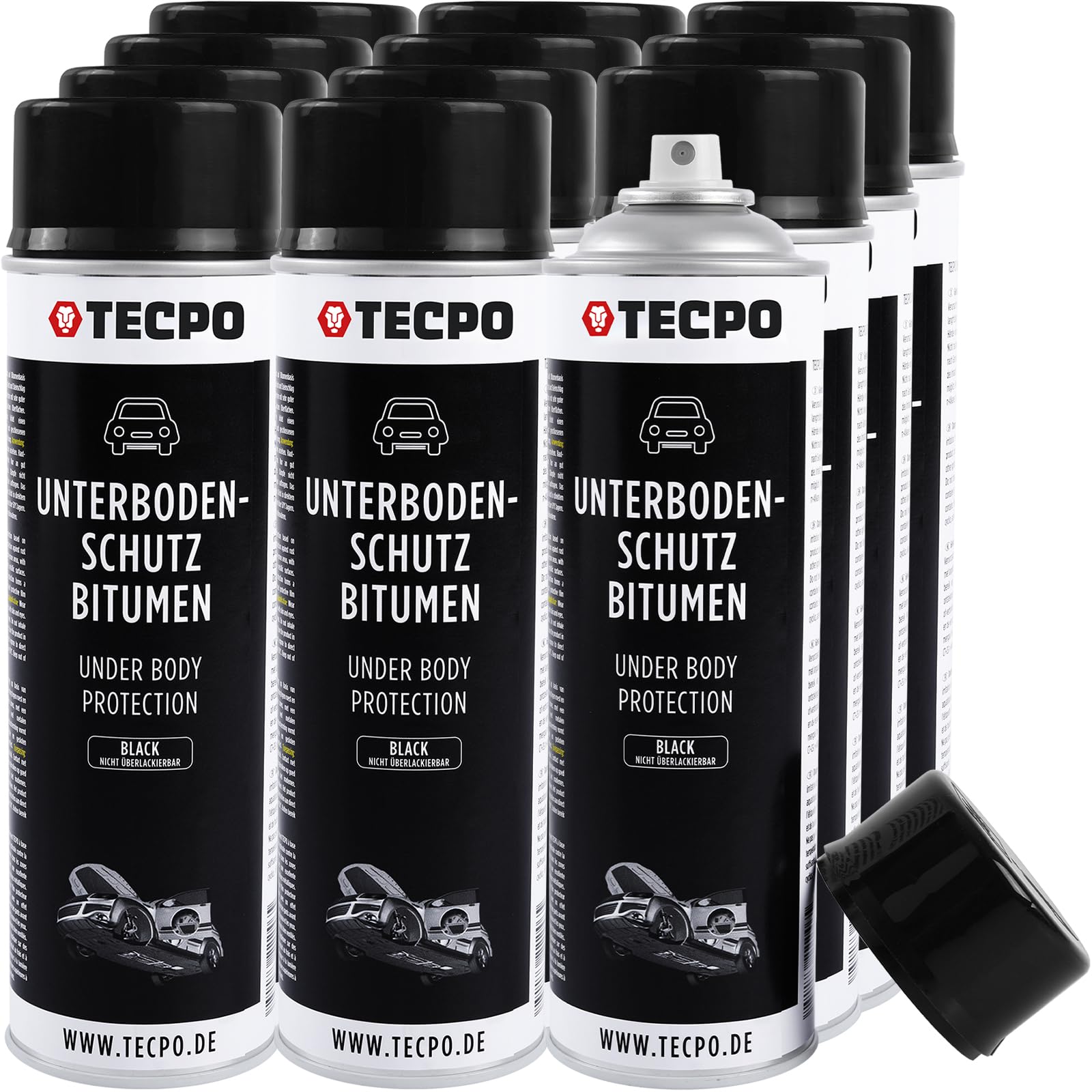 TECPO Protezione per sottoscocca bitume, 12 x 500 ml, colore nero, protezione contro pietrisco, ruggine, sostanze chimiche con effetto anti-rombo