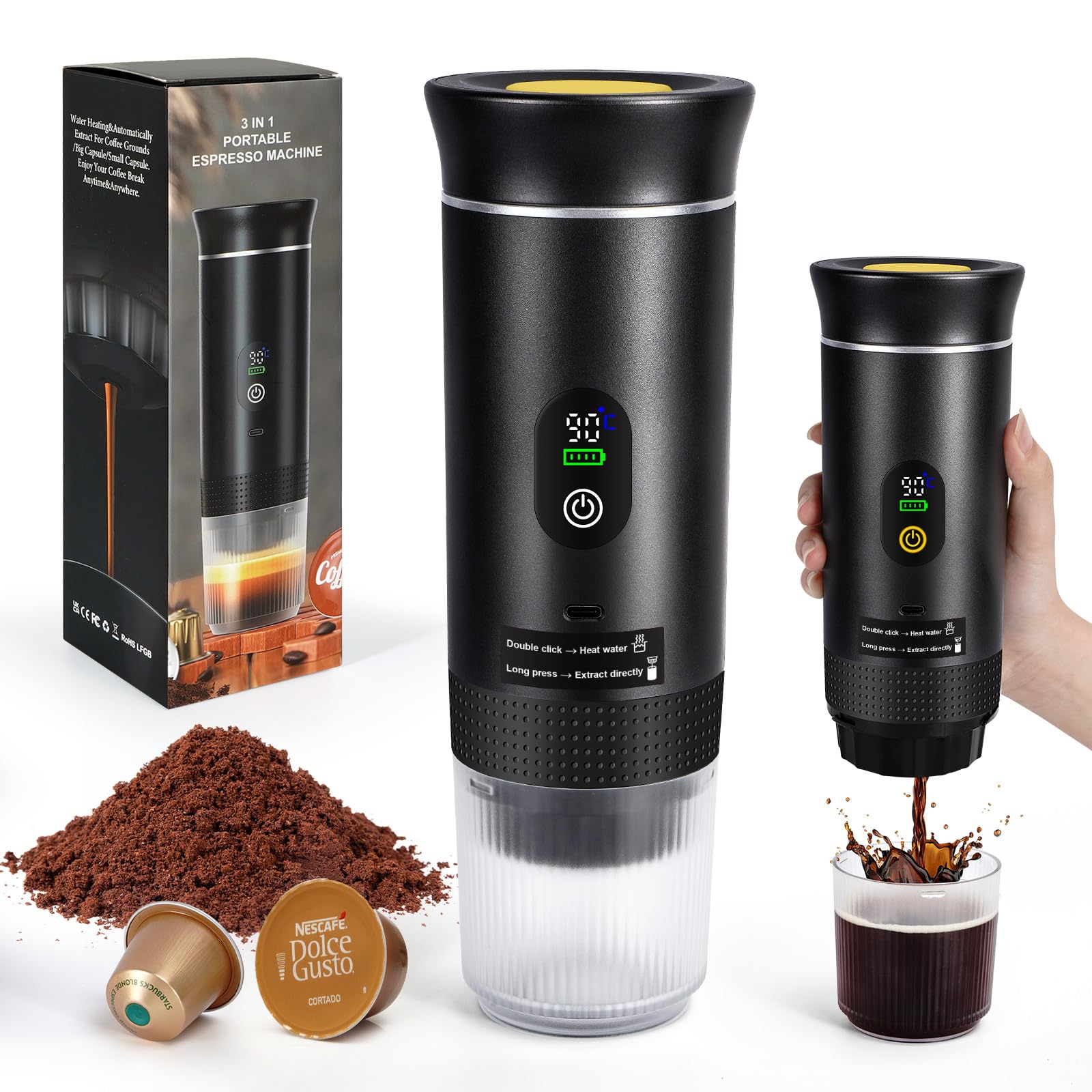 SOPPY Cafetera portátil Máquina de café espresso de camping, cafetera de cápsulas Expresso Cafetera recargable Calefacción rápida, compatible con café molido y cápsulas de café, Negro