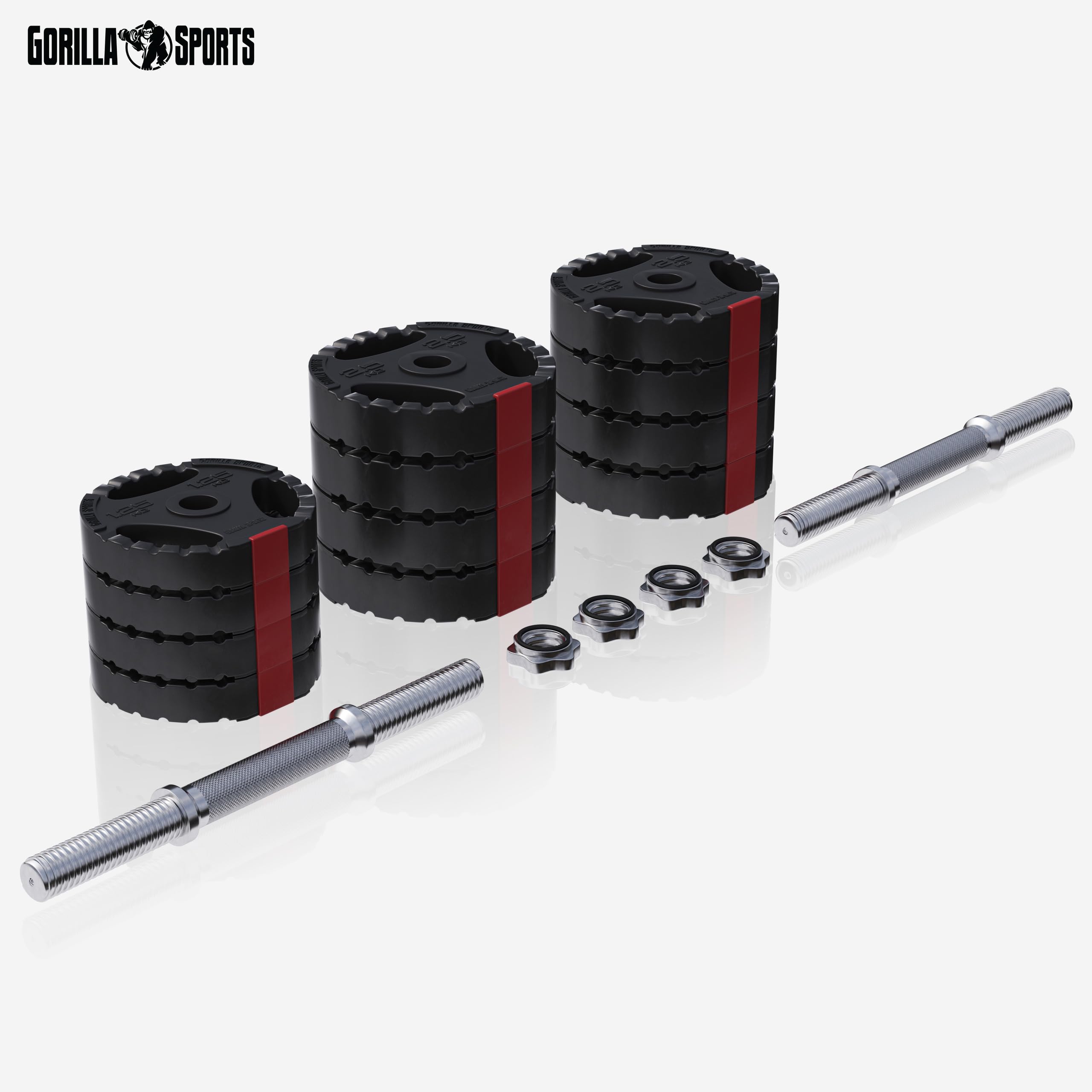 GORILLA SPORTS® Juego de mancuernas cortas – 20 kg o 30 kg, 30 mm de diámetro, 2 barras cortas con 4 cierres de estrella, mango moleteado, juego de mancuernas de plástico, 2 unidades