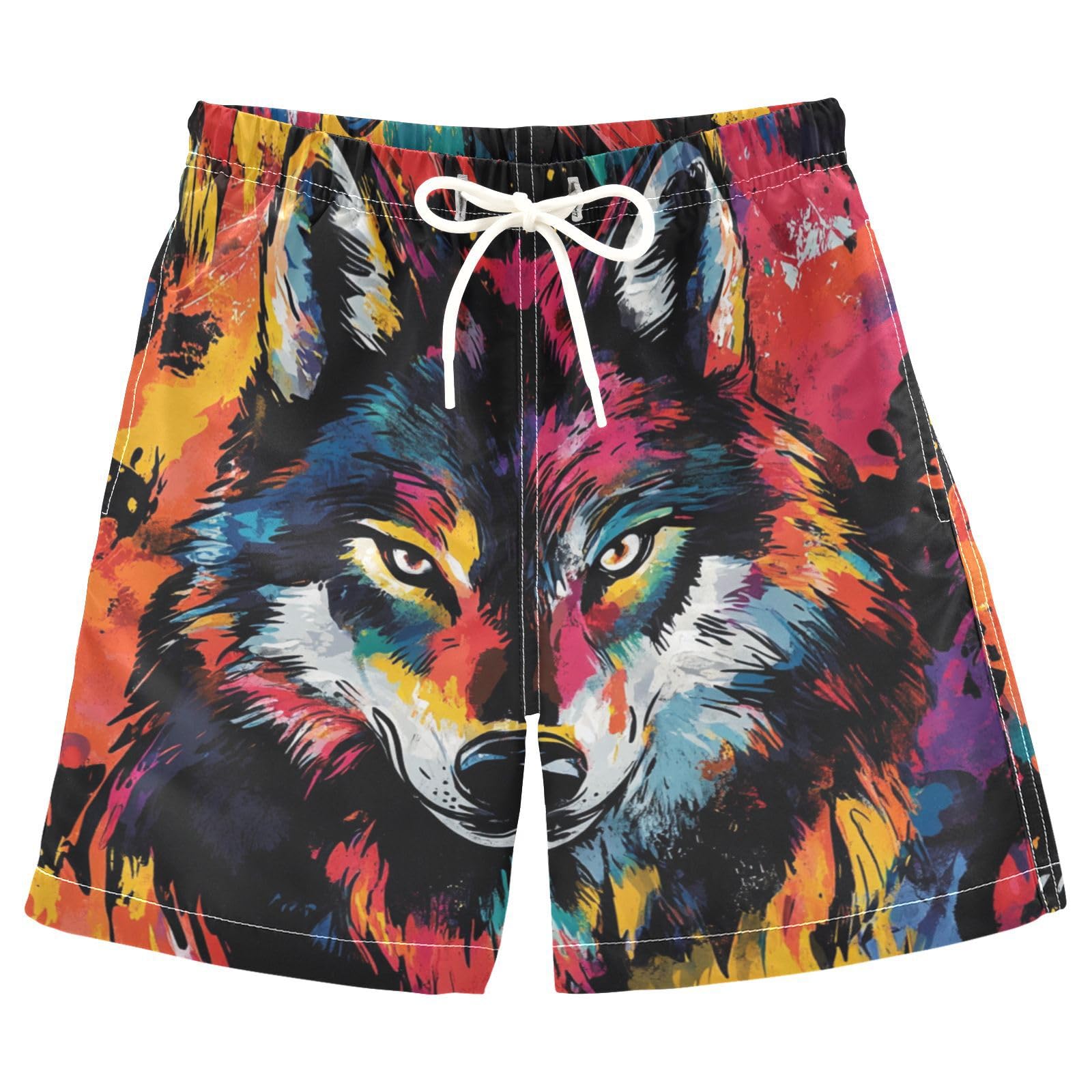 Jucciaco Boys Beach Board Shorts Animal Wolf Graffiti Cool Swim Trunk Teen Swimwear Multicolor