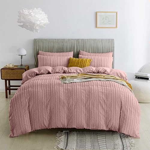 JELLYMONI Funda de edredón rosa tamaño individual  Juego de funda de edredón de microfibra copetuda de 3 piezas, funda de edredón bohemia a rayas