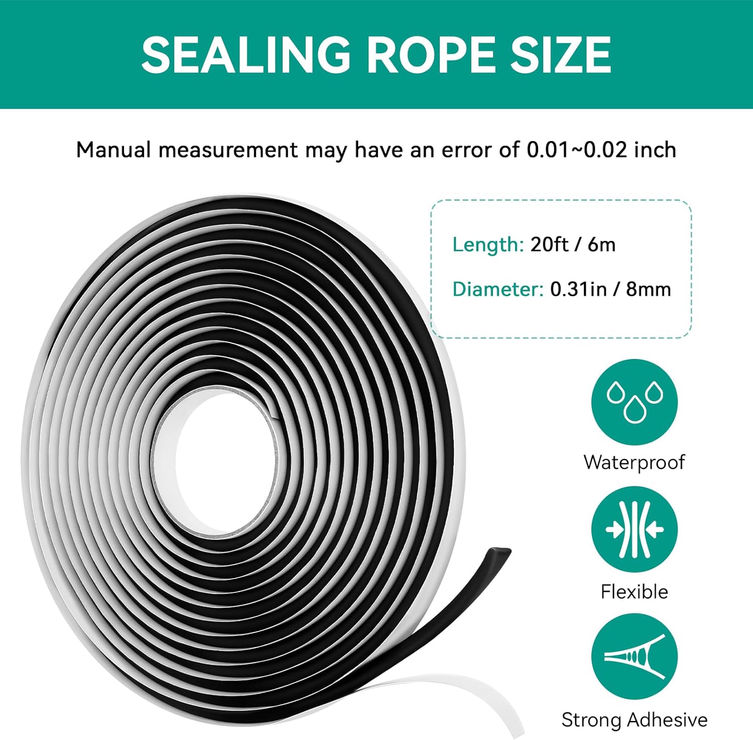 Butyl Sealant Rope for Tuf-Tite and Polylok Septic Tank Risers, 5/16" x 20' Butyl Sealing Tape for Automotive, RV, Marine, Windows, Doors, Windshield