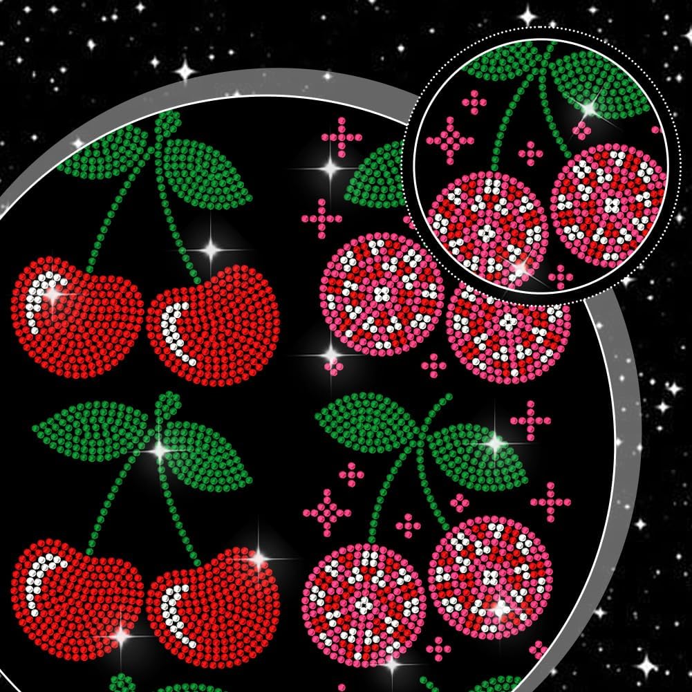 MAYJOYDIY Red Cherry Rhinestone Iron on Decal Fruits Crystal Hotfix Transfer Sticker Bling Clothing Repair Heat Transfer Applique for Clothing Repair T-Shirt Jacket Garment Bag DIY Decor