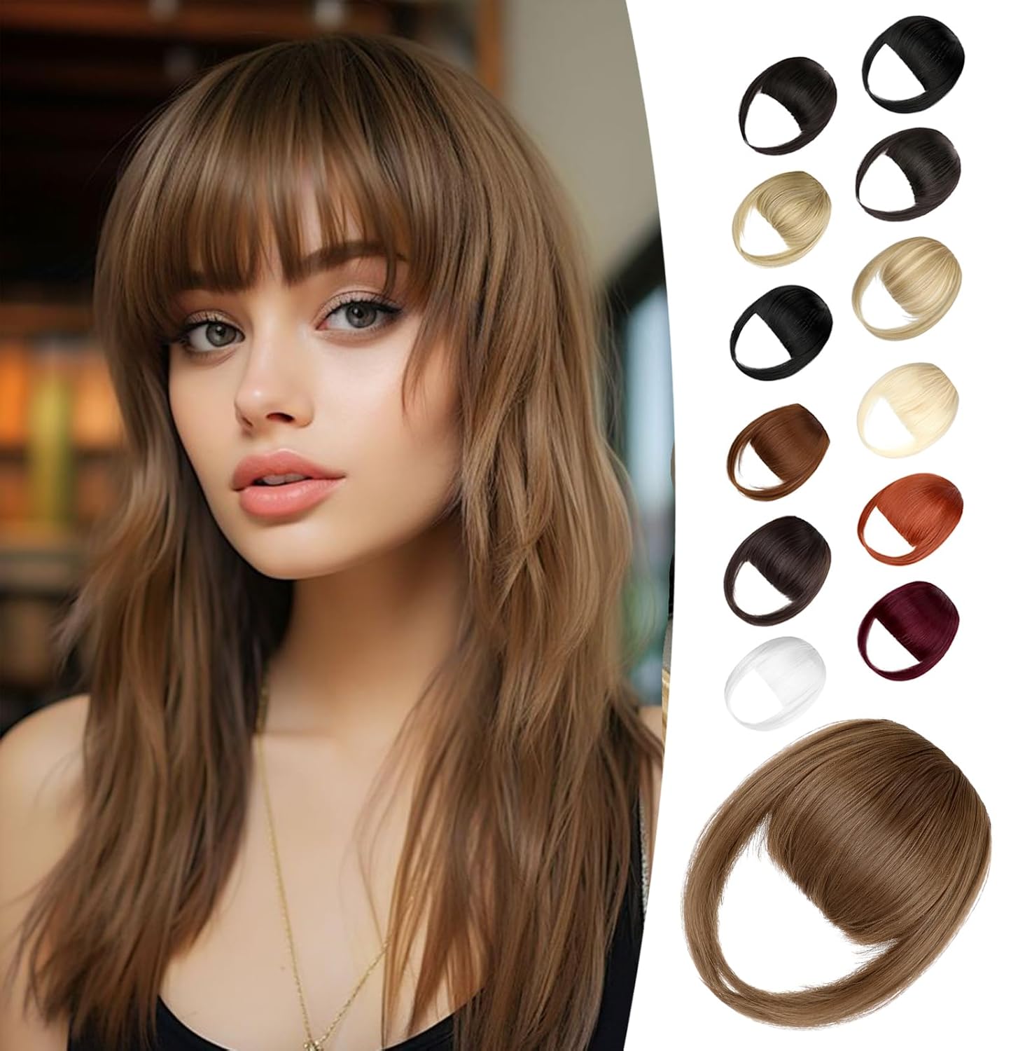 Clip in Bangs,Natural Fake Bangs Hair Clip,Light Chestnut Brown French Bangs Fringe with Temples Hairpieces for Women Clip on Bangs Hair Extenisons Curved Bangs for Daily Wear