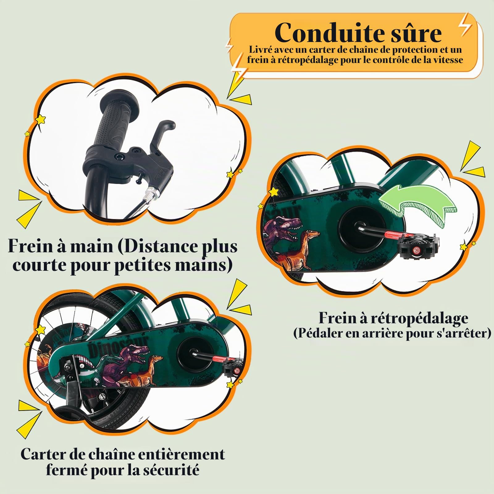 RULLY Vélo Enfant Dinosaur 12 14 16 Pouces pour Garçons de 2 à 7 Ans – Vélo Style BMX avec roulettes – Plusieurs Couleurs