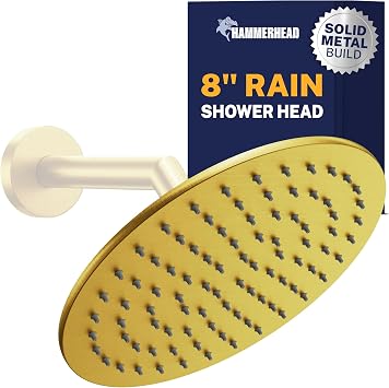HammerHead Showers Solid Metal Round 8 Inch Rainfall Shower Head, High Flow Shower Head Optimized for Pressure, Brushed Gold, 2.5 GPM