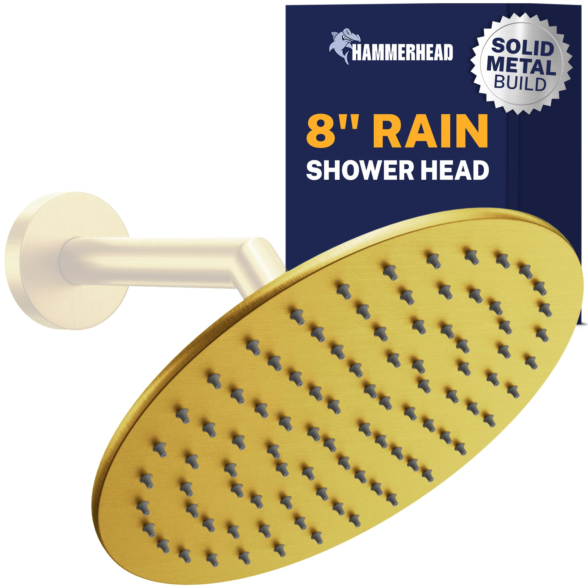 HammerHead Showers Solid Metal Round 8 Inch Rainfall Shower Head, High Flow Shower Head Optimized for Pressure, Brushed Gold, 2.5 GPM