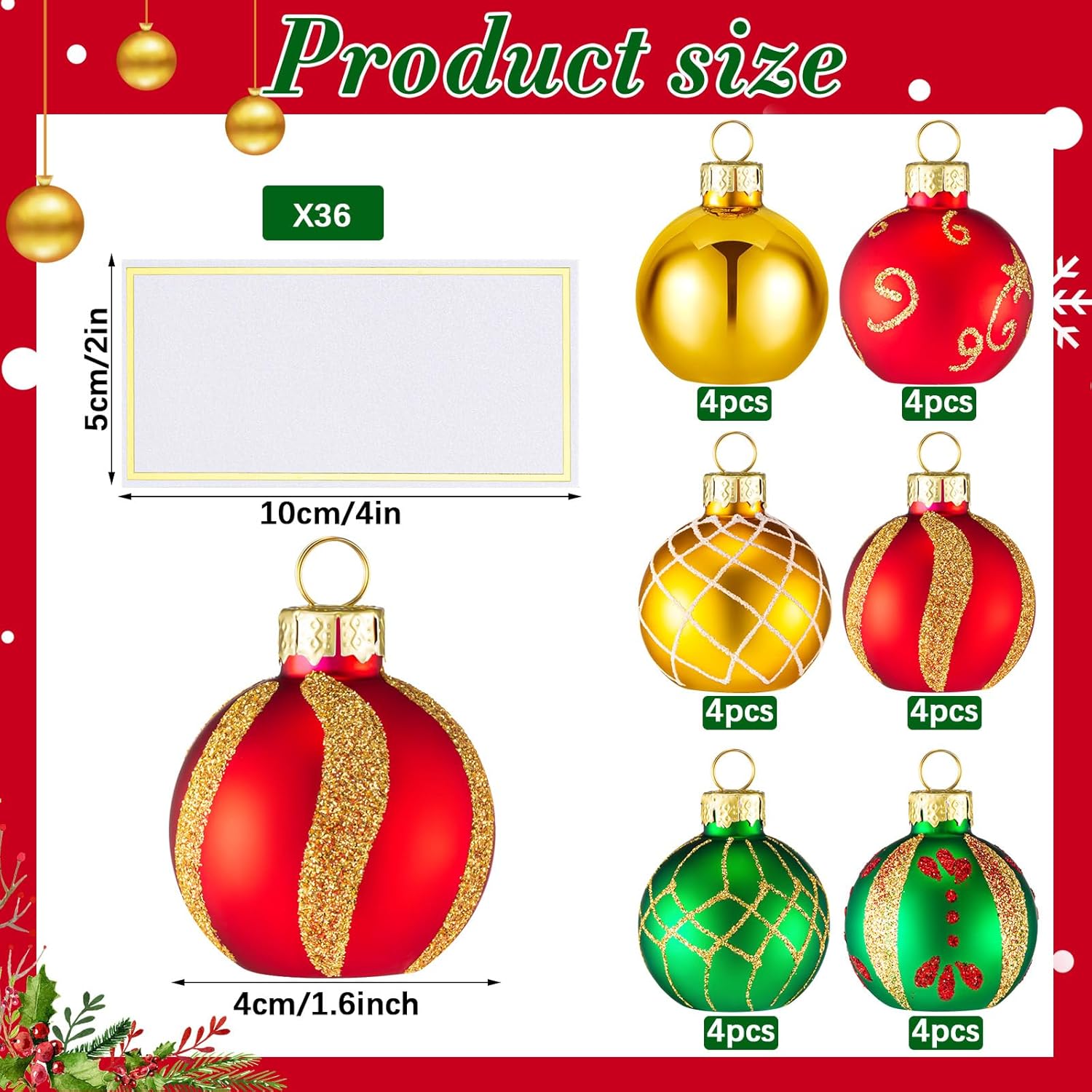 Nitial Christmas Ornament Place Card Holders with Name Cards Glass Red Green Gold Table Number Holders Table Sign Card Holder for Christmas Party Wedding Anniversary Birthday, 1.57 Inch (24 Set)