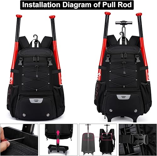 Miniatura 2 de Bolsa de béisbol con ruedas para adultos, bolsa de béisbol con gancho para cerca, guante de bateo, casco, bolsa de murciélago con compartimento para
